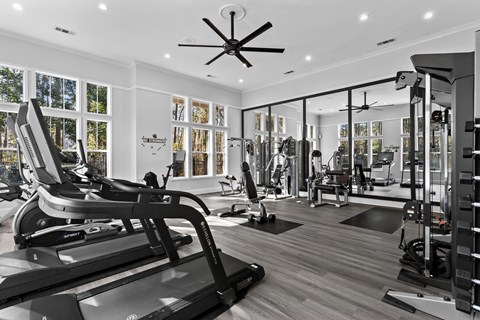 A gym with treadmills, weights, and exercise equipment.
