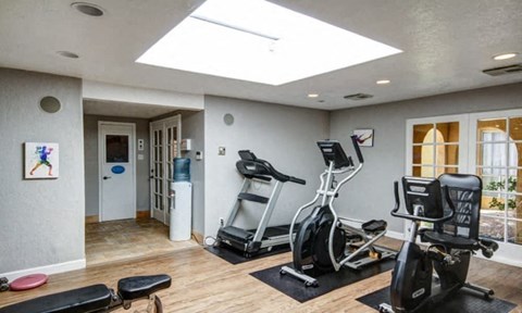 a gym with exercise equipment and a window in the ceiling