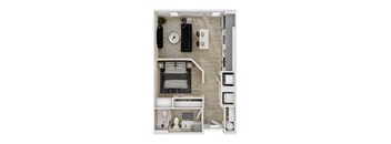 A top-down view of a modern bathroom with a toilet, sink, and bathtub.