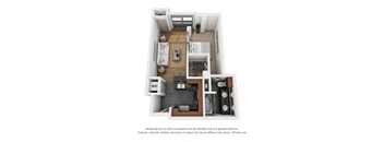 a stylized 3d floor plan with a bedroom and a living room
