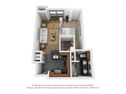 a stylized 3d floor plan with a bedroom and a living room