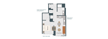 A diagram of a house layout with a living room, bedroom, and countertops.