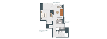 A diagram of a house layout with a bedroom, living room, and kitchen.