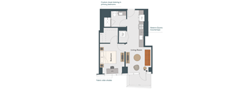 A diagram of a house layout with a living room, bedroom, and a section for custom closet shelving.