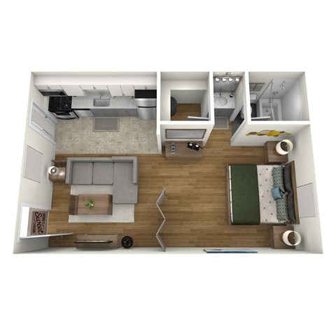 an overhead view of our studio apartment at university gardens in tempe, az