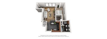 a stylized floor plan with a bedroom and a living room