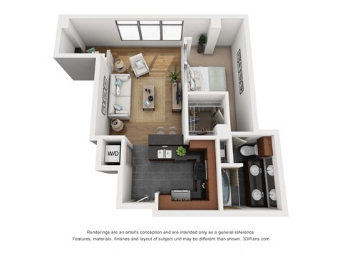 a stylized floor plan with a bedroom and a living room