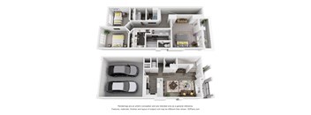 A 3D floor plan of a house with two bedrooms, a living room, a kitchen, a dining room, and a garage.