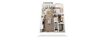 A 3D floor plan of a small apartment with a kitchen, living room, and bathroom.