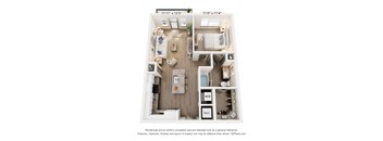 A 3D floor plan of a small apartment with a kitchen, living room, and bathroom.