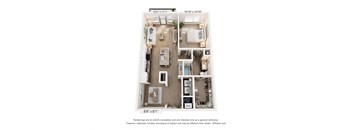 A 3D floor plan of a small apartment with a kitchen, living room, and bathroom.
