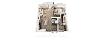 A 3D floor plan of a small apartment with a kitchen, living room, and two bedrooms.