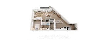 A 3D floor plan of a house with a living room, kitchen, dining room, and two bedrooms.
