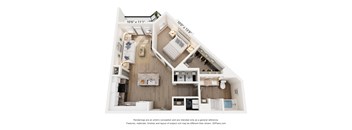 A 3D floor plan of a house with a kitchen, living room, and bathroom.