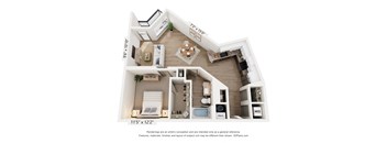 A 3D floor plan of a house with a living room, kitchen, and bathroom.