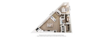 A 3D floor plan of a small apartment with a kitchen, living room, and bathroom.