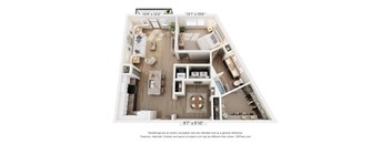 A 3D floor plan of a house with a kitchen, living room, and dining area.