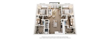 A 3D floor plan of a house with a kitchen, living room, and two bedrooms.