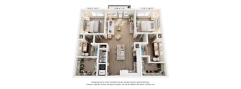 A 3D floor plan of a house with a living room, kitchen, dining room, and two bedrooms.