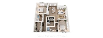 A 3D floor plan of a small apartment with a kitchen, living room, and two bedrooms.