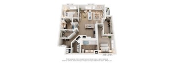 A 3D floor plan of a house with a kitchen, living room, and two bedrooms.