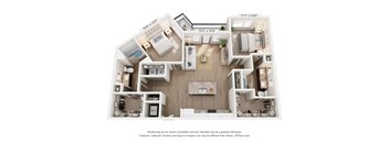 A 3D floor plan of a house with a living room, kitchen, and two bedrooms.