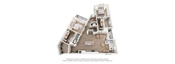 A 3D floor plan of a house with a living room, kitchen, and two bedrooms.