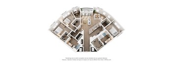 A 3D floor plan of a house with a kitchen, living room, and two bedrooms.
