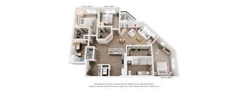 A 3D floor plan of a house with a living room, kitchen, and two bedrooms.