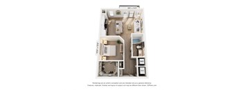 A 3D floor plan of a small apartment with a kitchen, living room, and bathroom.
