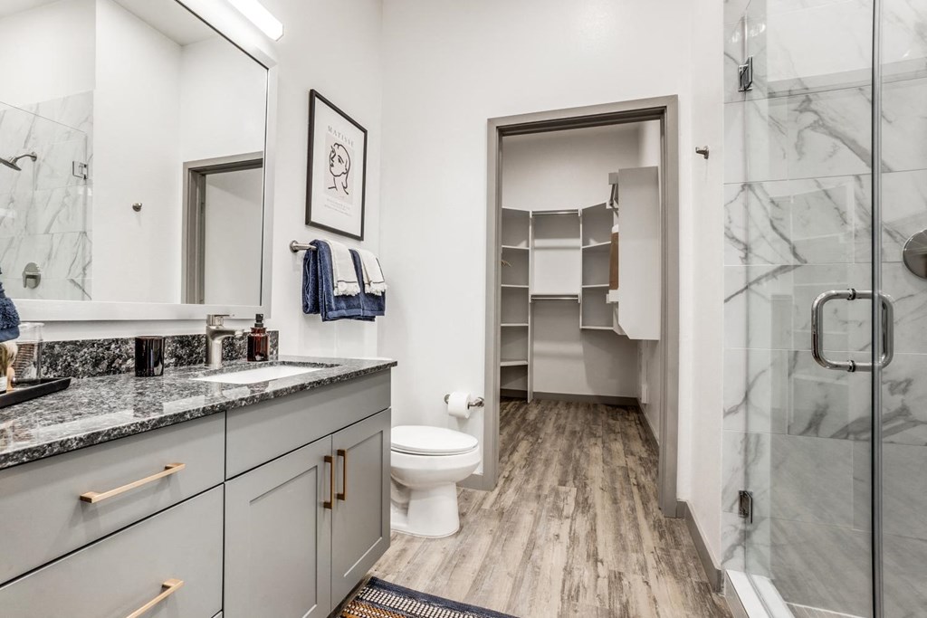 a bathroom with a shower and a sink and a toilet