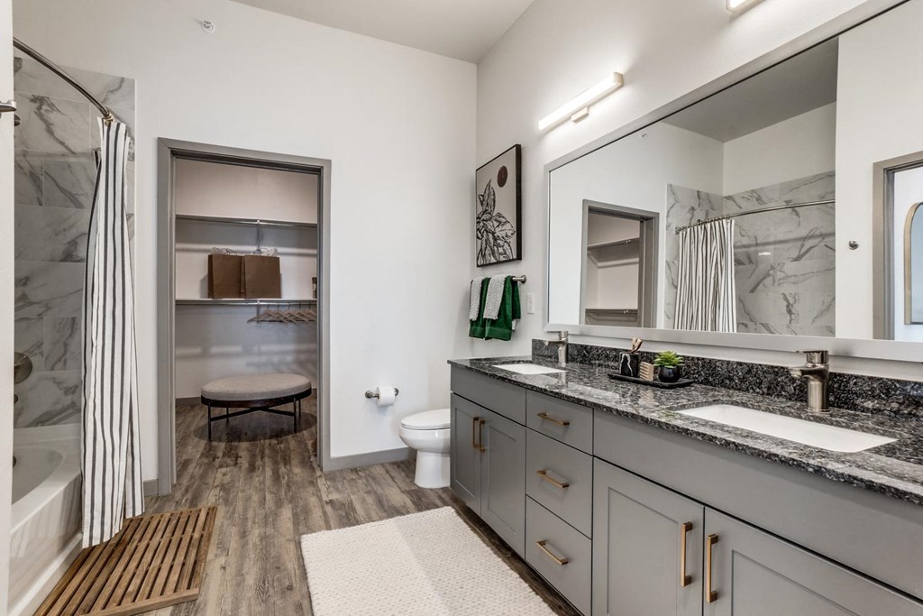 a bathroom with a shower and a sink and a mirror