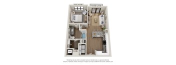 A 3D floor plan of a small apartment with two bedrooms, a living room, and a kitchen.
