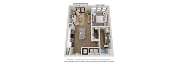 A 3D floor plan of a small apartment with a kitchen, living room, and bedroom.