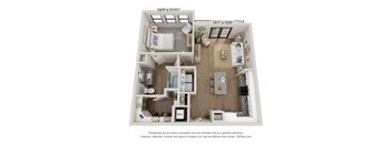 A 3D floor plan of a small apartment with a kitchen, living room, and bathroom.