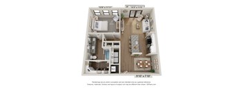 A 3D floor plan of a small apartment with a kitchen, living room, and bathroom.