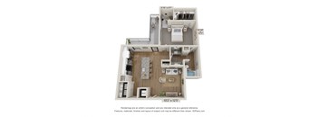 A 3D floor plan of a house with a living room, kitchen, and two bedrooms.