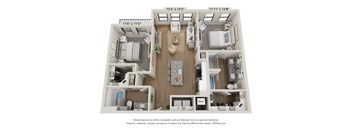 A 3D floor plan of a house with a living room, dining room, kitchen, and two bedrooms.