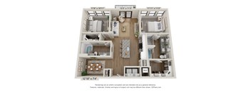 A 3D floor plan of a two-bedroom apartment with a living room, kitchen, and bathroom.