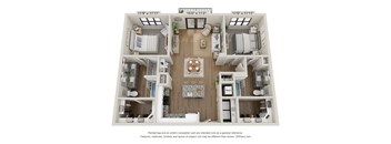 A 3D floor plan of a two-bedroom apartment with a living room, kitchen, and bathroom.