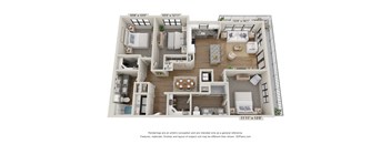 A 3D floor plan of a small apartment with a kitchen, living room, and two bedrooms.