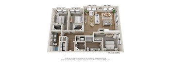 A 3D floor plan of a house with two bedrooms, a living room, a kitchen, and a bathroom.