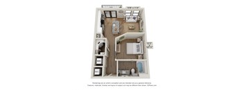 A 3D floor plan of a small apartment with a living room, kitchen, and bathroom.