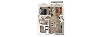 A top-down view of a small apartment layout with a living room, kitchen, and bathroom.