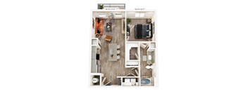 A floor plan of a small apartment with a living room, kitchen, and bathroom.