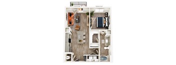 A floor plan of a small apartment with a living room, kitchen, and bathroom.