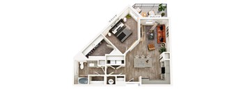 A top-down view of a house layout with a living room, kitchen, and bathroom.