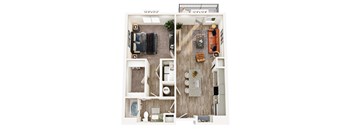 A floor plan of a two-bedroom apartment with a living room, kitchen, and bathroom.