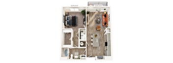 A floor plan of a two-bedroom apartment with a living room, kitchen, and bathroom.