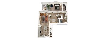 A floor plan of a two bedroom apartment with a living room, kitchen, and bathroom.